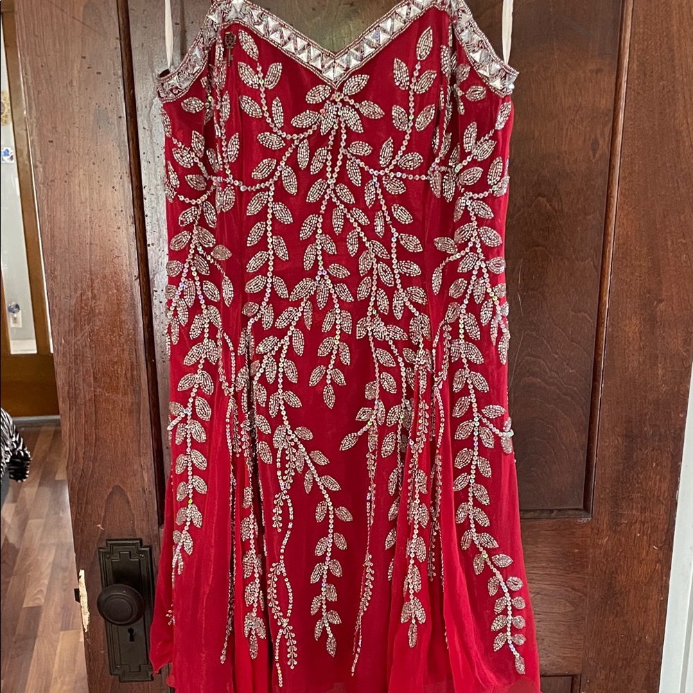 Glamorous Red Dress with Silver Leaf Embellishments